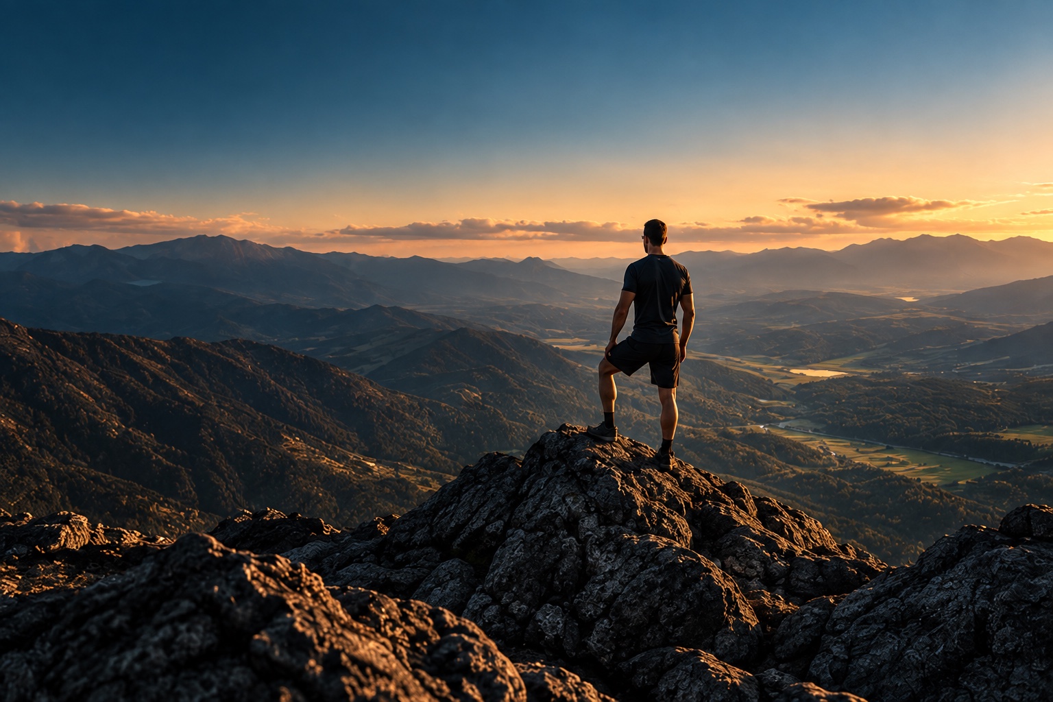 A hiker looking over a mountain landscape at sunrise
