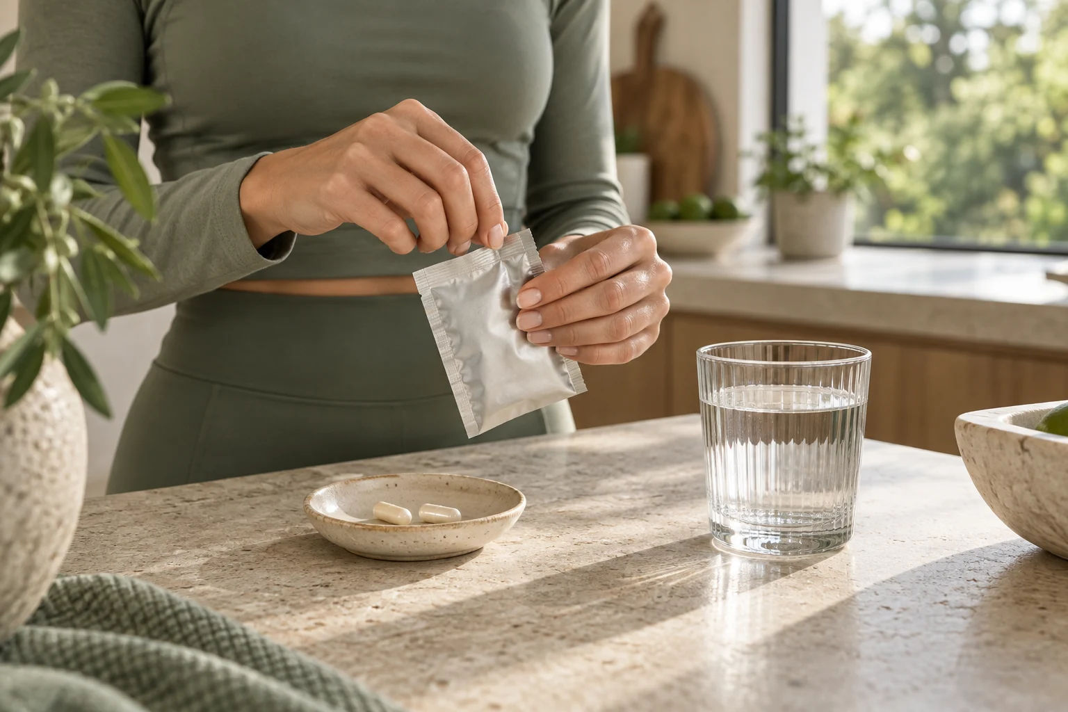 Hands opening a daily sachet beside a glass of water and two capsules