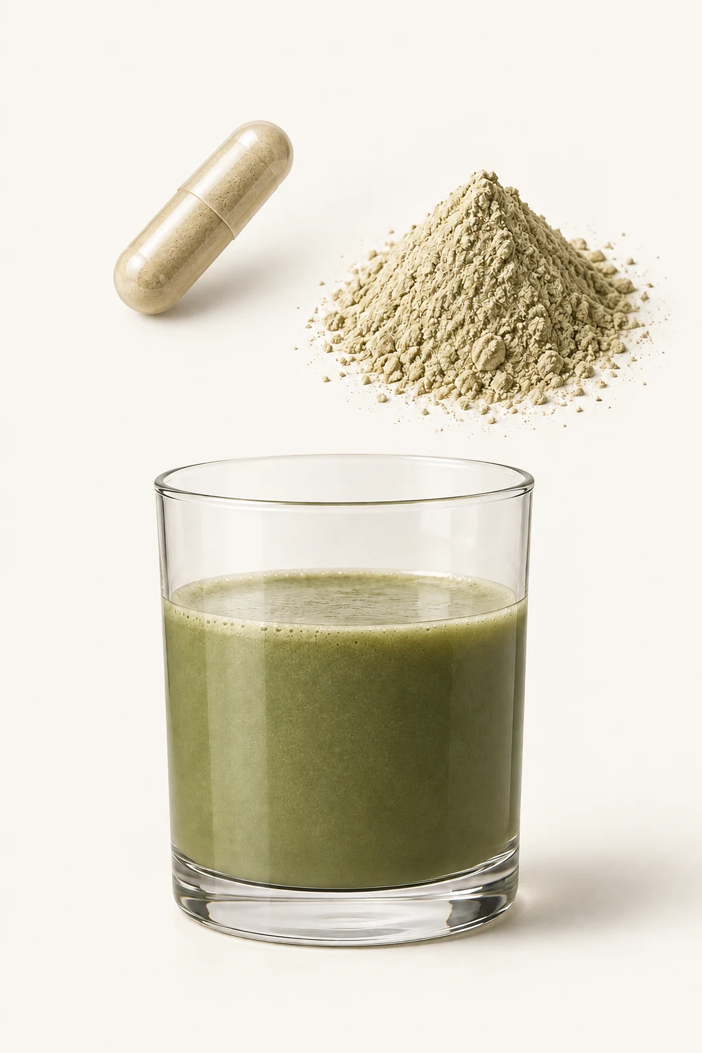 A capsule, fine supplement powder and a sage green drink