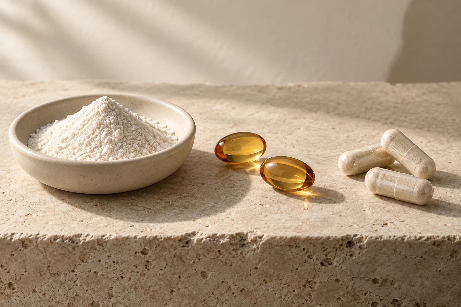 A close study of fine powder, amber softgels and cream capsules