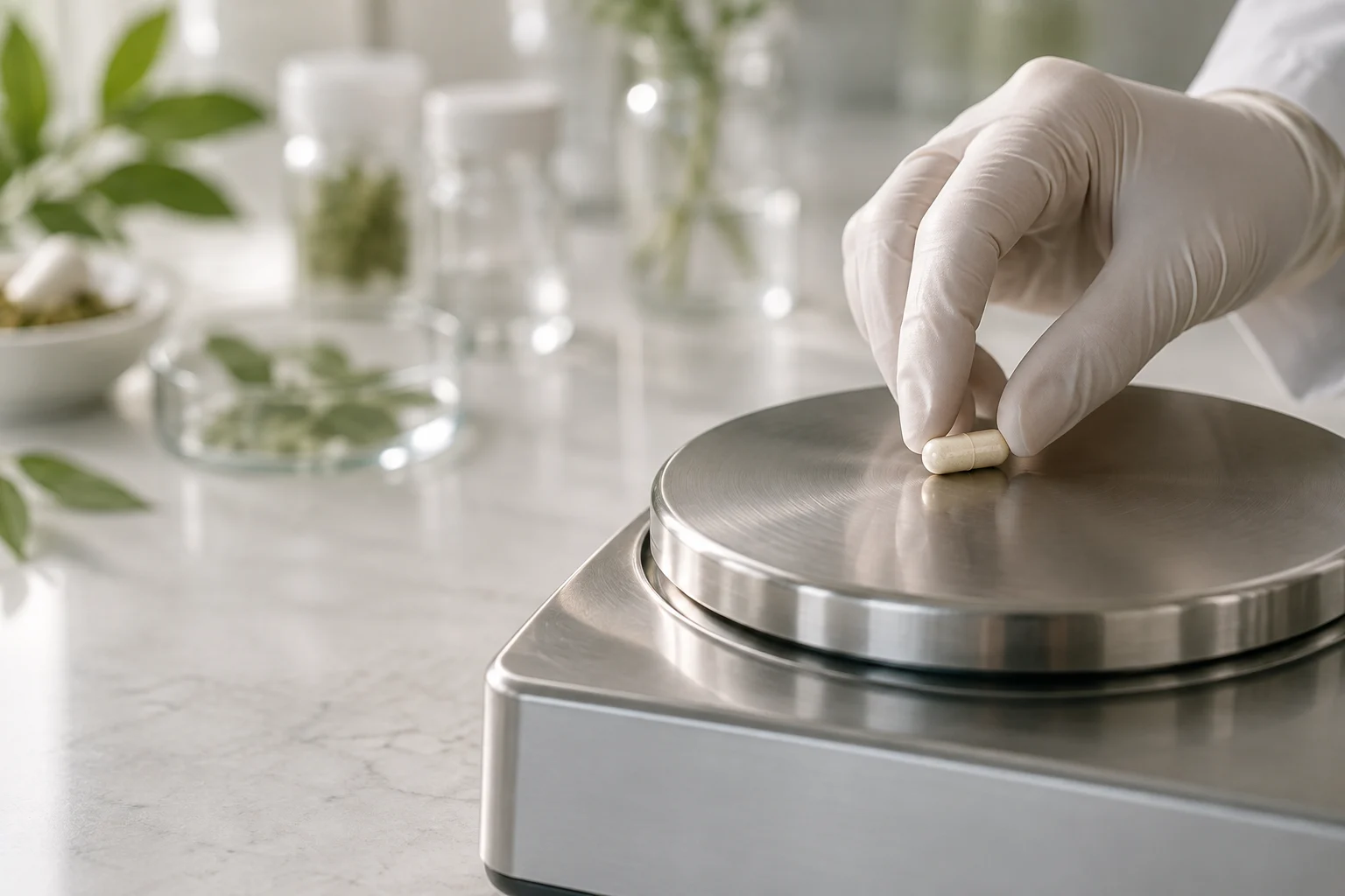 Illustrative precision formulation: a gloved hand weighing a capsule