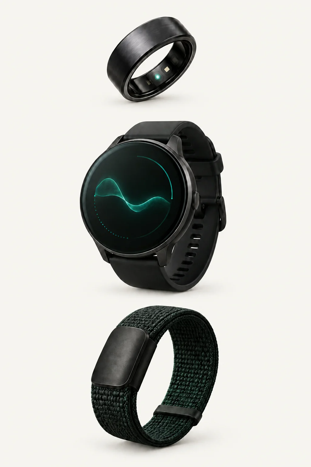 Illustrative smart ring, sports watch and woven fitness band